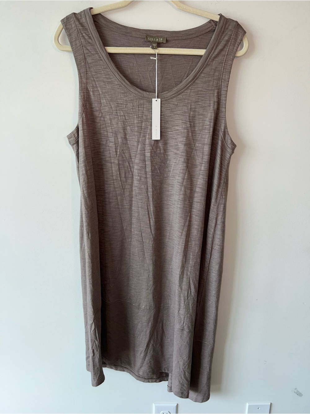 NWT Lilla P Taupe Sleeveless Mini Dress Asymmetric Hem 50% Pima 50% Modal
